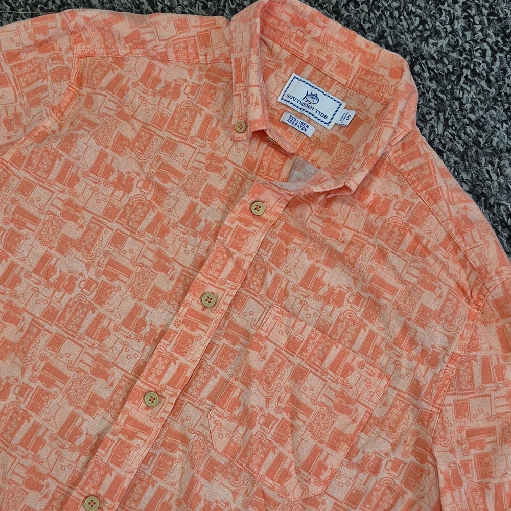 Southern Tide Shirt Mens Small Orange Linen Blend Short Sleeve Button Cocktail